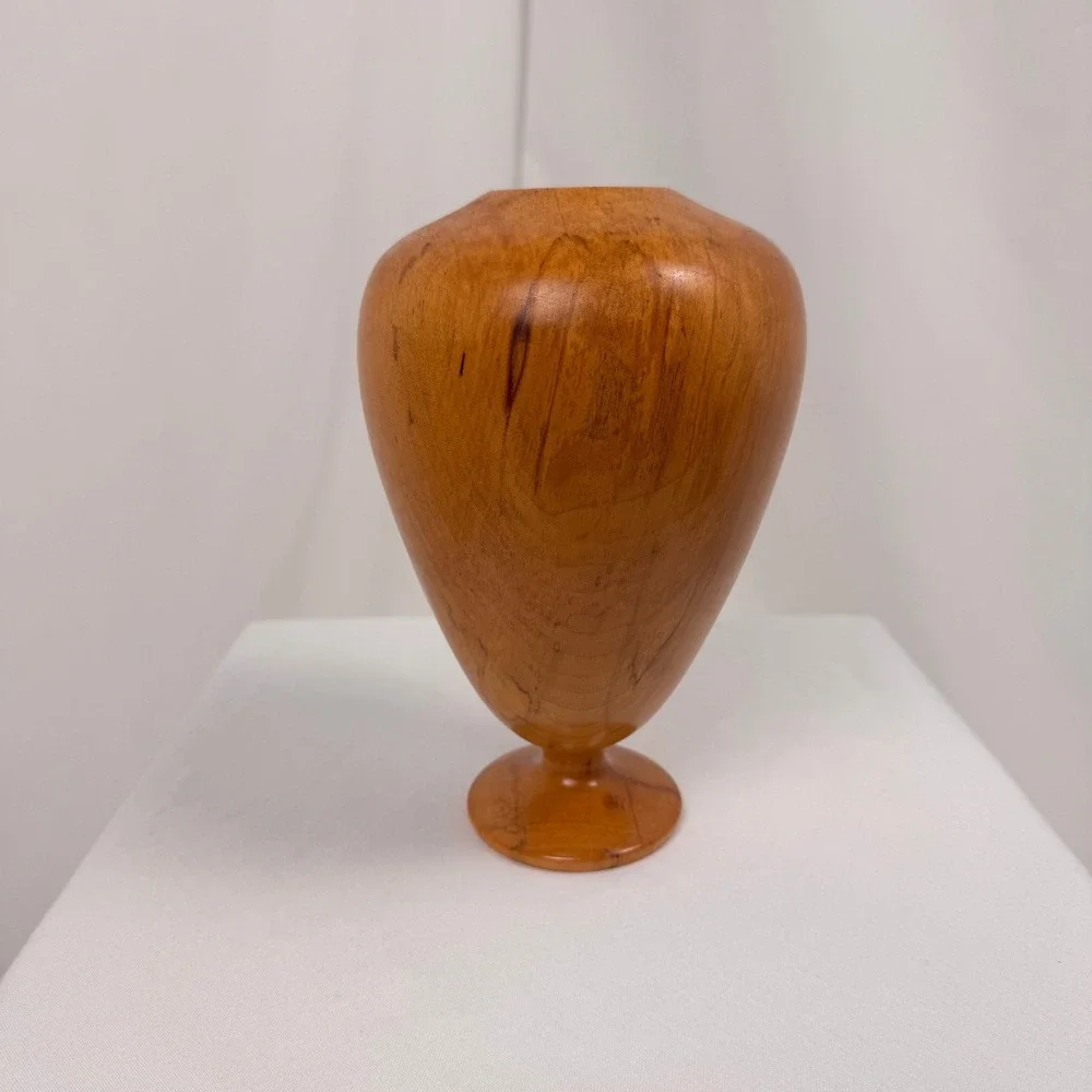 EH Lang Hand Turned Maple Wood Vase Decor Honey Brown Natural Grain Pedestal